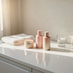 An-elegant-minimalist-aesthetic-layout-of-a-gentle-skincare-system-resting-on-a-clean-sunlit-vanity.