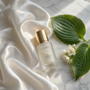 An-elegant-minimalist-vanity-display-showing-a-luxurious-glass-bottle-of-eye-serum-cream-nestled-beside-soft-white-silk-and-fresh-green-botanicals