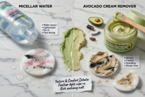 Avocado vs Micellar Water for Makeup Removal
Micellar water is water-based and lightweight.Avocado-based cream removers are richer and oil-supported.Difference between lightweight micellar water and rich avocado cream removerIn the debate of texture and comfort: