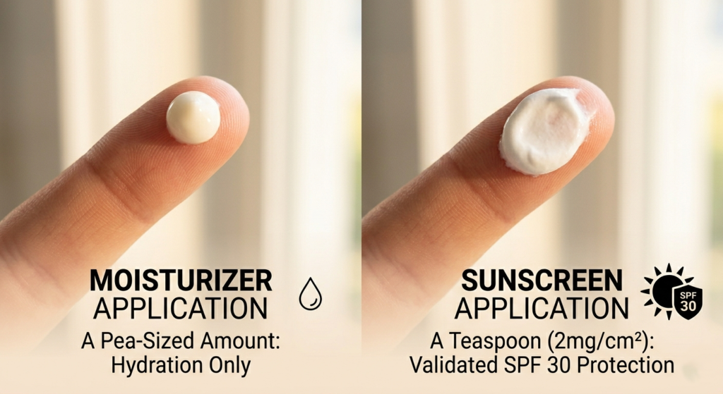 How SPF Actually Works — And Why Application Amount Is Everything Here’s something that dermatologists have known for decades but the beauty industry rarely shouts from the rooftops The SPF number on any product is only valid if you apply the right amount. In clinical SPF testing, products are applied at 2 milligrams per square centimeter of skin. For your face alone, that translates to about a teaspoon — or, more helpfully, a nickel-sized amount of pure sunscreen. Now think about how you apply your moisturizer. You probably use a pea-sized amount, maybe two. You smooth it across your face with light, even strokes. You pat the excess into your neck. It feels like enough — and for hydration, it absolutely is. But for SPF You’re getting a fraction of the protection the label promises