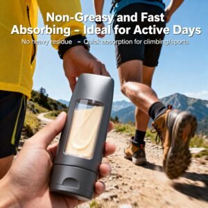 Non-Greasy and Fast Absorbing – Ideal for Active Days Let's be honest: nobody likes the feeling of a thick, greasy sunscreen coating their skin, especially when they're active. It can feel heavy, clog pores, and attract dirt and dust. Worse, it can make your grip slippery if you're climbing or playing sports.