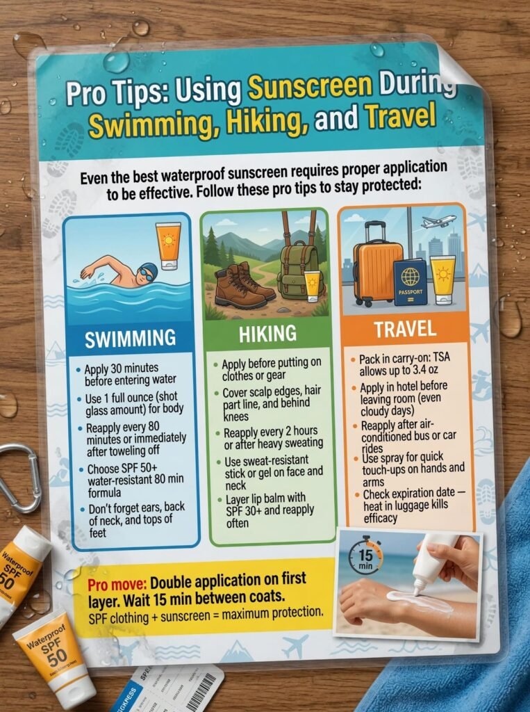 Pro Tips: Using Sunscreen During Swimming, Hiking, and Travel Even the best waterproof sunscreen requires proper application to be effective. Follow these pro tips to stay protected: