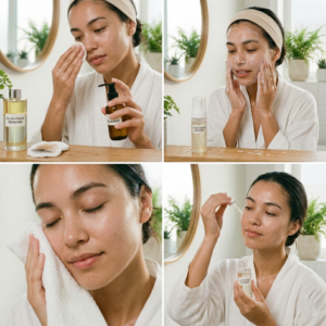 Step 1 — First Cleanse Oil, balm, bi-phase, or micellar method Step 2 — Second Cleanse Gentle water-based or foaming cleanser Step 3 — Pat Dry Soft cloth, no rubbing — press gently Step 4 — Hydrate Toner or essence while skin is still damp