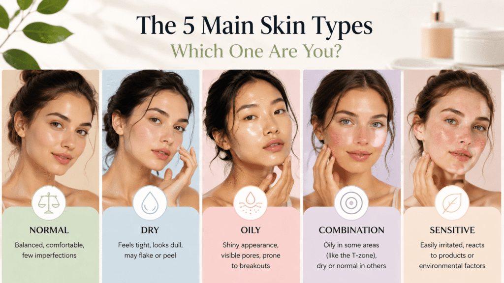 The 5 Main Skin Types — Which One Are You? Before you can figure out how to determine your skin type, it helps to know what you're actually looking for. Dermatologists generally recognize five main categories. Each one has its own personality — and its own needs.