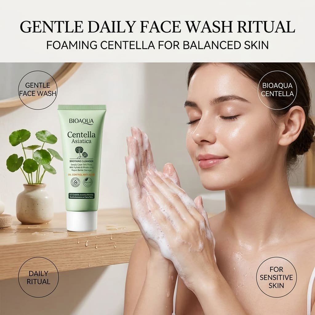Woman foaming BIOAQUA Centella Asiatica cleanser between hands — gentle daily face wash ritual for oily sensitive skin