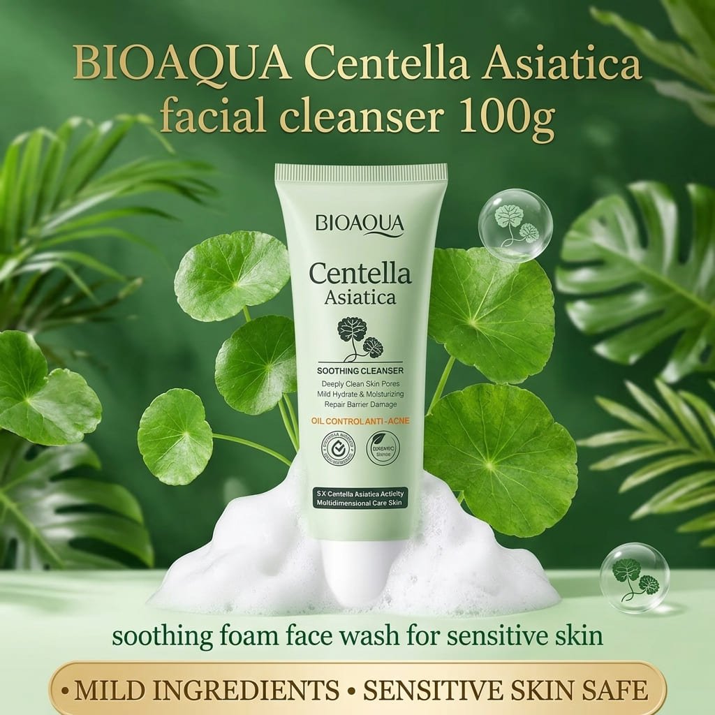 BIOAQUA Centella Asiatica facial cleanser 100g tube on green botanical background — soothing foam face wash for sensitive skin
