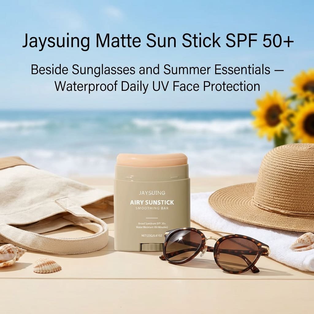 Jaysuing matte sun stick SPF 50+ beside sunglasses and summer essentials — waterproof daily UV face protection