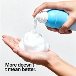 A close-up photo of a bottle of cleanser or a can of foam, with a generous amount poured onto an open palm—the foam looks thick and dense, “more than the skin needs.”