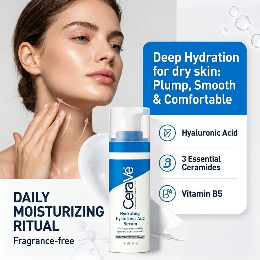CeraVe hyaluronic acid serum 30ml bottle on a soft white surface — daily moisturizing essence for sensitive skin"