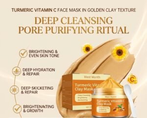 Woman relaxing with turmeric vitamin C face mask applied — golden clay skin ritual self-care moment