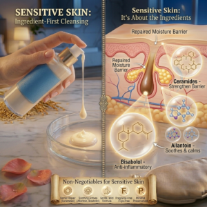 Sensitive Skin: It's Not About the Category — It's About the Ingredients Sensitive skin is less about gel vs cream and more about what's inside the formula. That said — cream cleansers tend to win here, simply because they're formulated to soothe and protect rather than clarify and purify. Non-negotiables for sensitive skin: