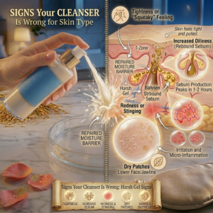 The Signs Your Cleanser Is Wrong for Your Skin Type Your skin communicates constantly. Here's what it might be trying to tell you: Signs your cleanser is too harsh (likely a gel): Tightness or "squeaky" feeling post-wash Increased oiliness within 1–2 hours (rebound sebum) Redness or stinging during or after cleansing Dry patches appearing in previously normal zones