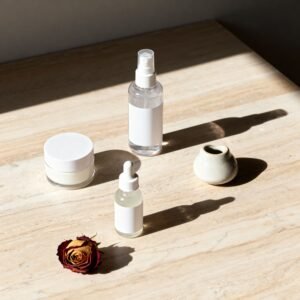 A stylish flat lay featuring a small selection of skincare products against a light wood or marble background: a lightweight moisturizer, hyaluronic acid serum, and toner.