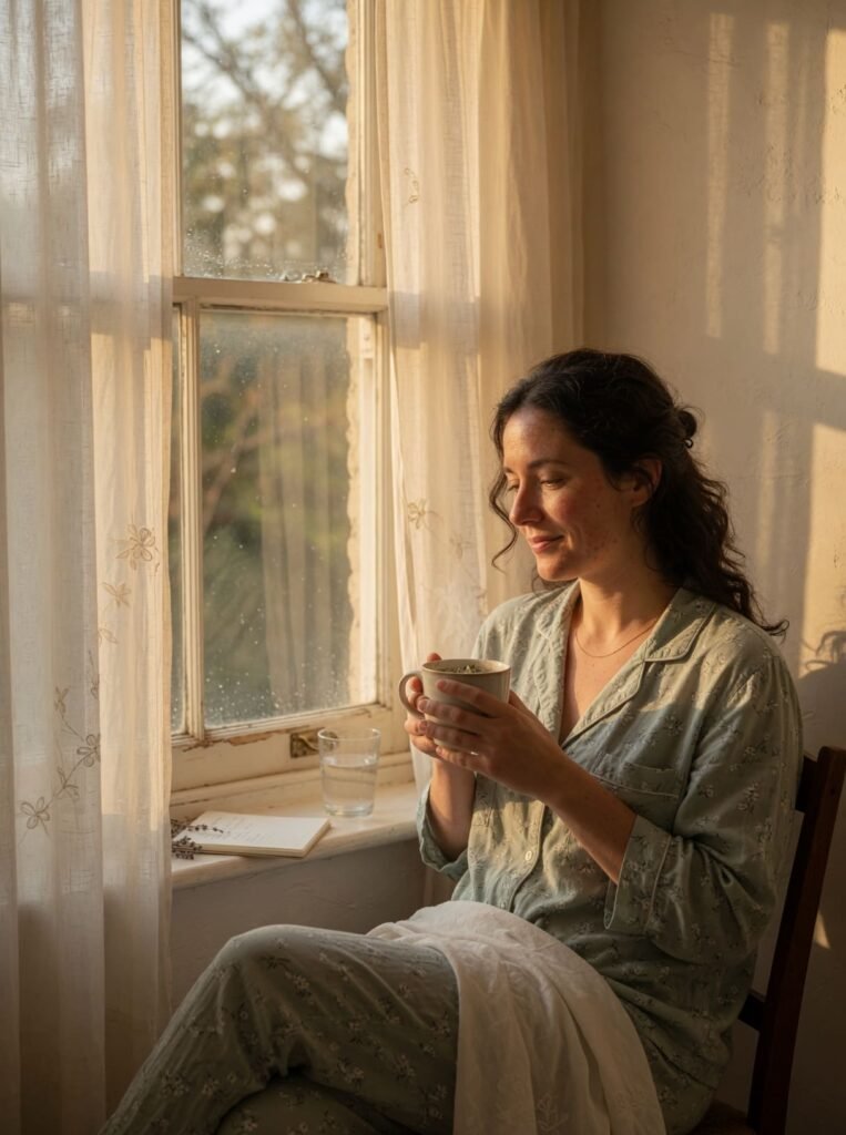 A woman in her thirties is sitting by a naturally lit window, holding a cup of tea with both hands.