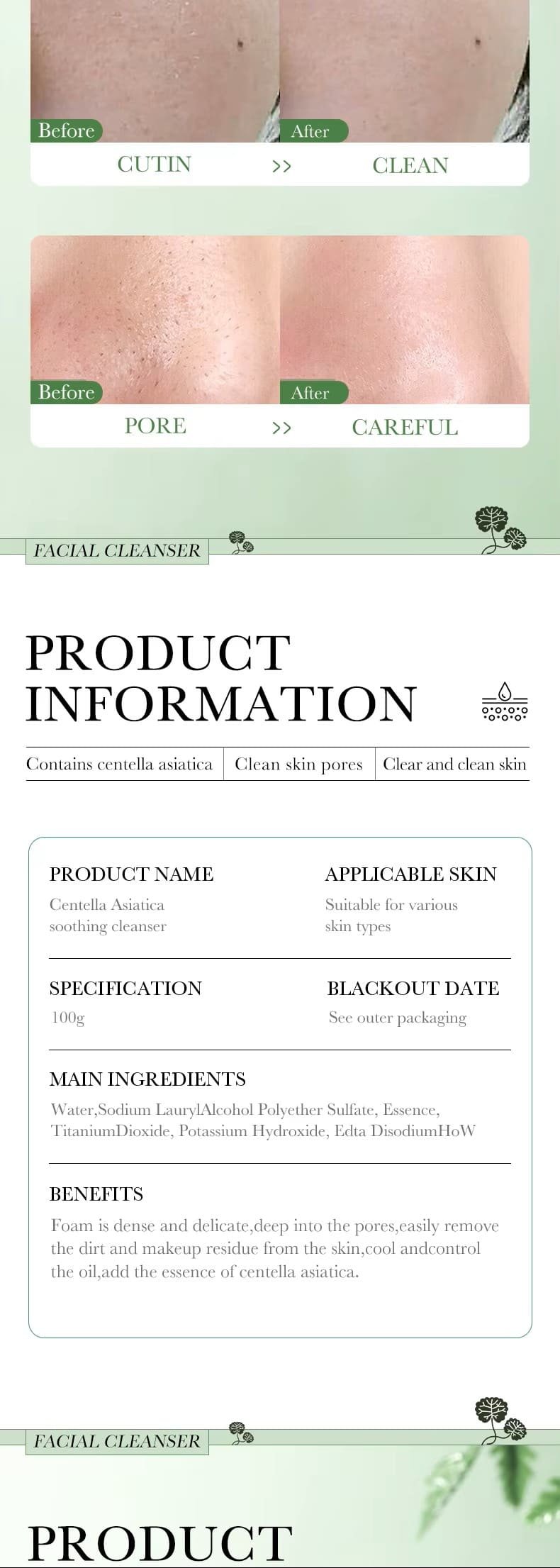 BIOAOUA Centella Facial Cleanser Moisturizing Anti-aging Whitening Anti Acne Face Wash Foam Facial Cleanser Skin Care