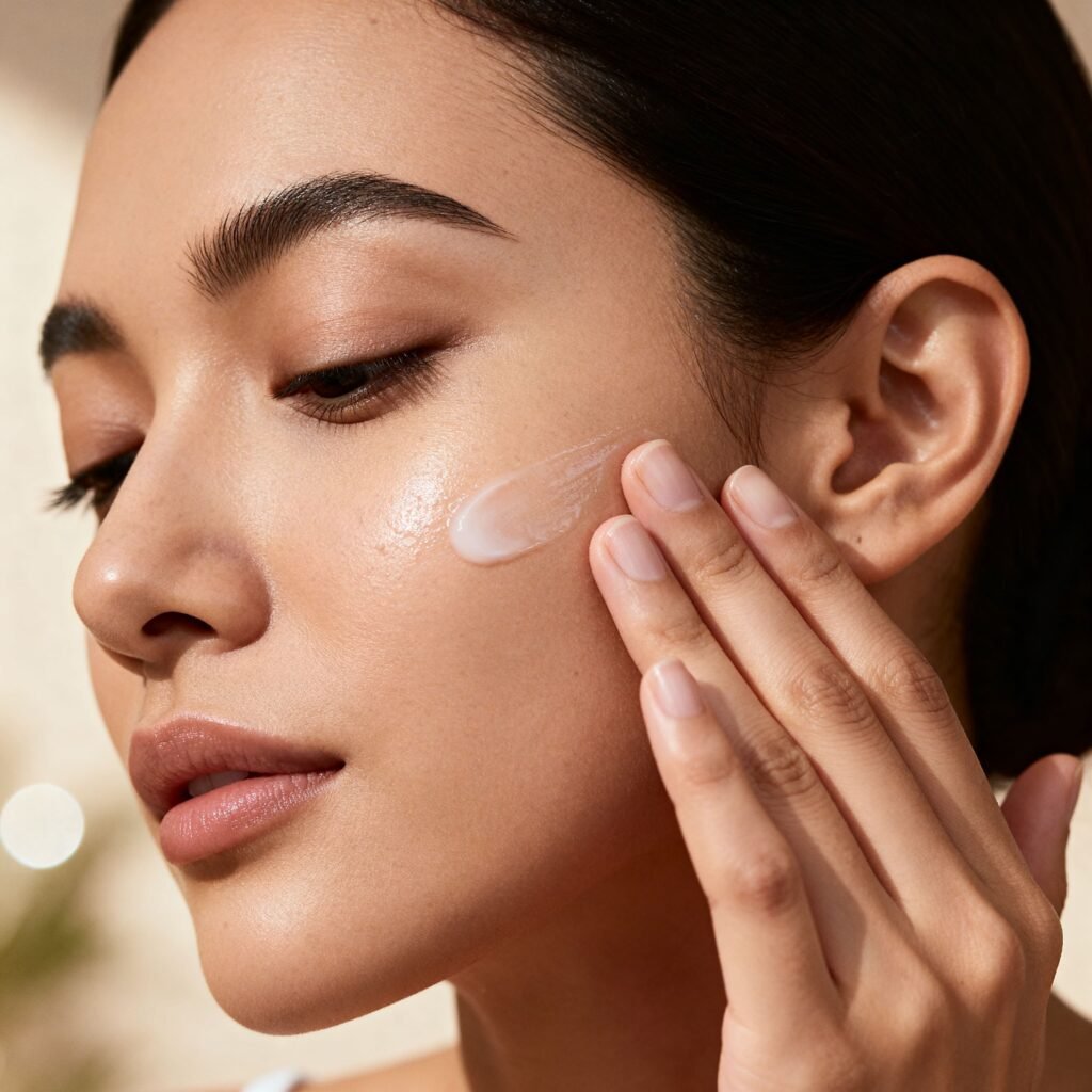 A close-up of a woman's face as she applies moisturizer to her cheek with her fingertips