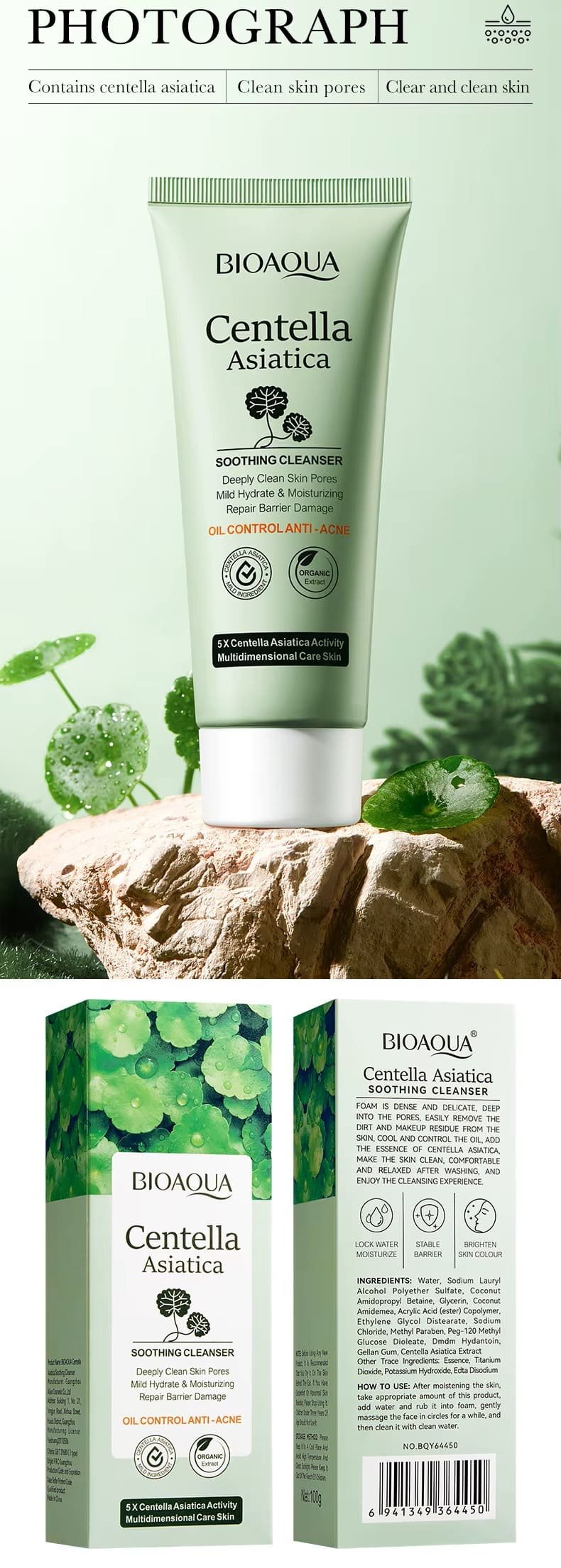 BIOAOUA Centella Facial Cleanser Moisturizing Anti-aging Whitening Anti Acne Face Wash Foam Facial Cleanser Skin Care