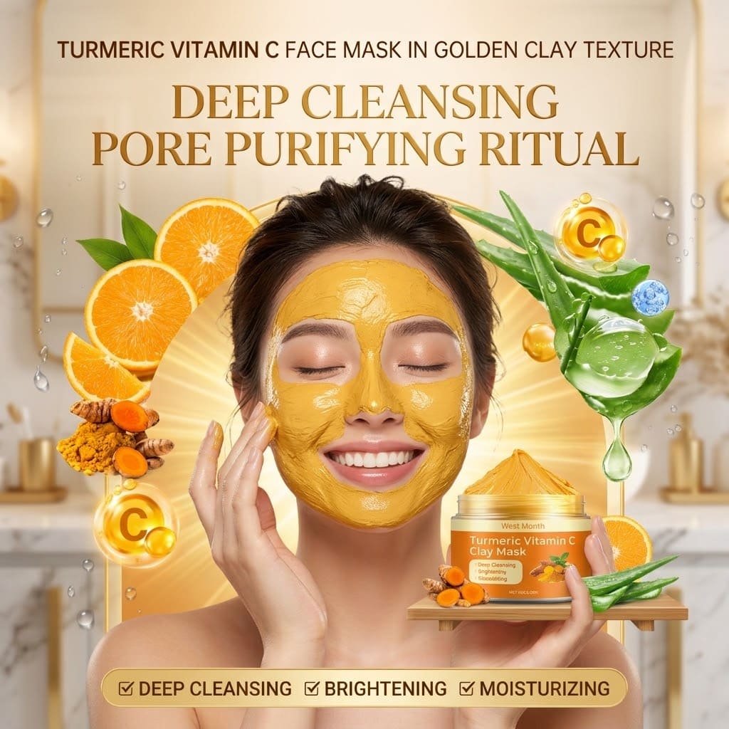 Turmeric vitamin C face mask in golden clay texture applied to woman's face — deep cleansing pore purifying ritual