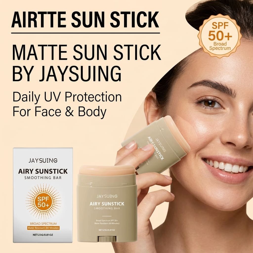 SPF 50+ matte sun stick by Jaysuing gliding onto woman's cheek — lightweight daily UV protection for face and body