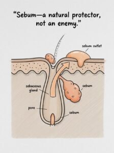 A cross-sectional diagram of the epidermis showing a single enlarged pore. Inside it: an almond-shaped or sac-like sebaceous gland, with an upward-pointing arrow indicating the sebum outlet at the skin’s surface