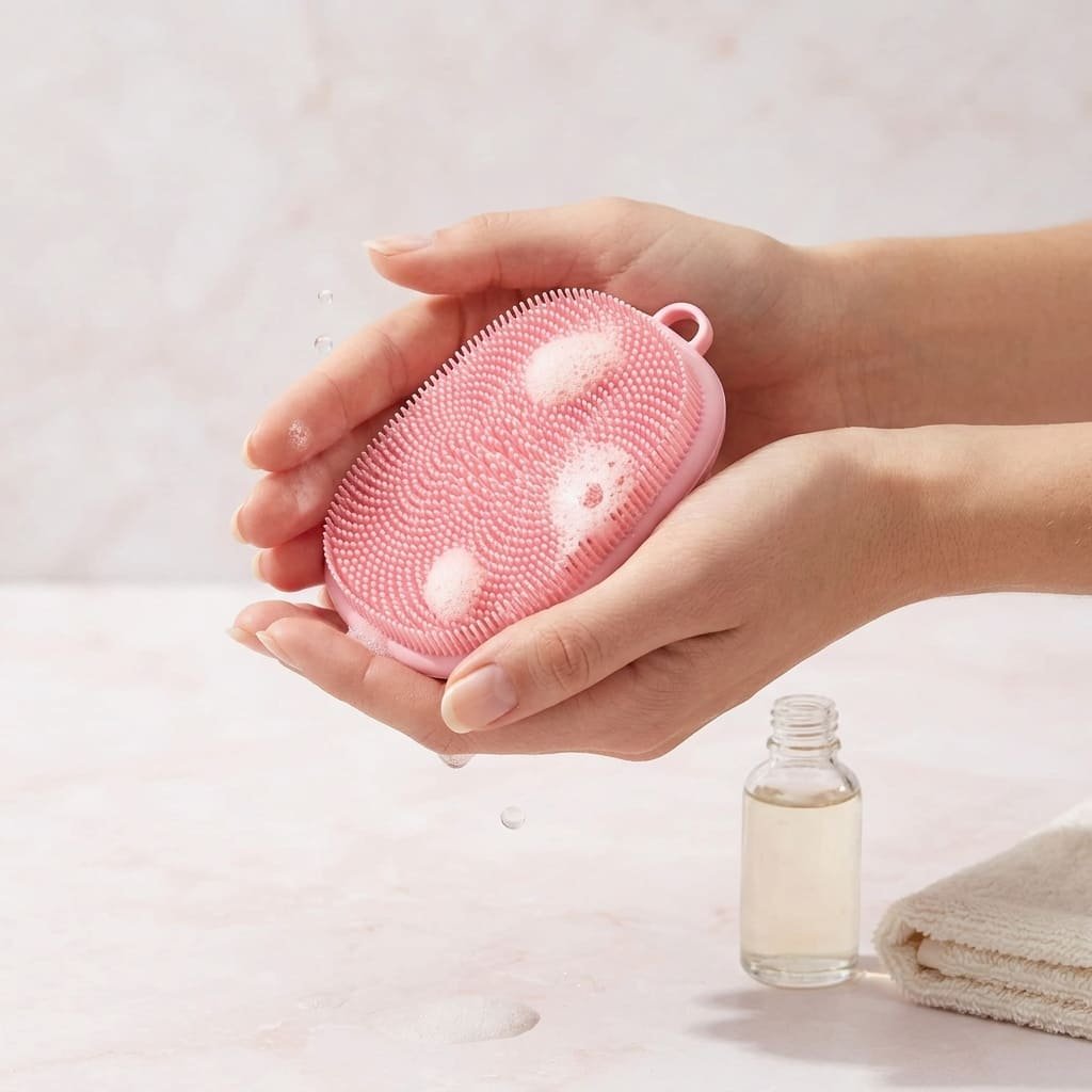 Soft silicone face scrubber in pink held gently in woman's hand — daily facial cleansing ritual