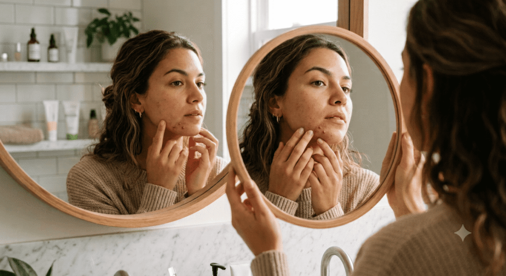 Woman-examining-adult-acne-on-her-jawline-in-a-mirror